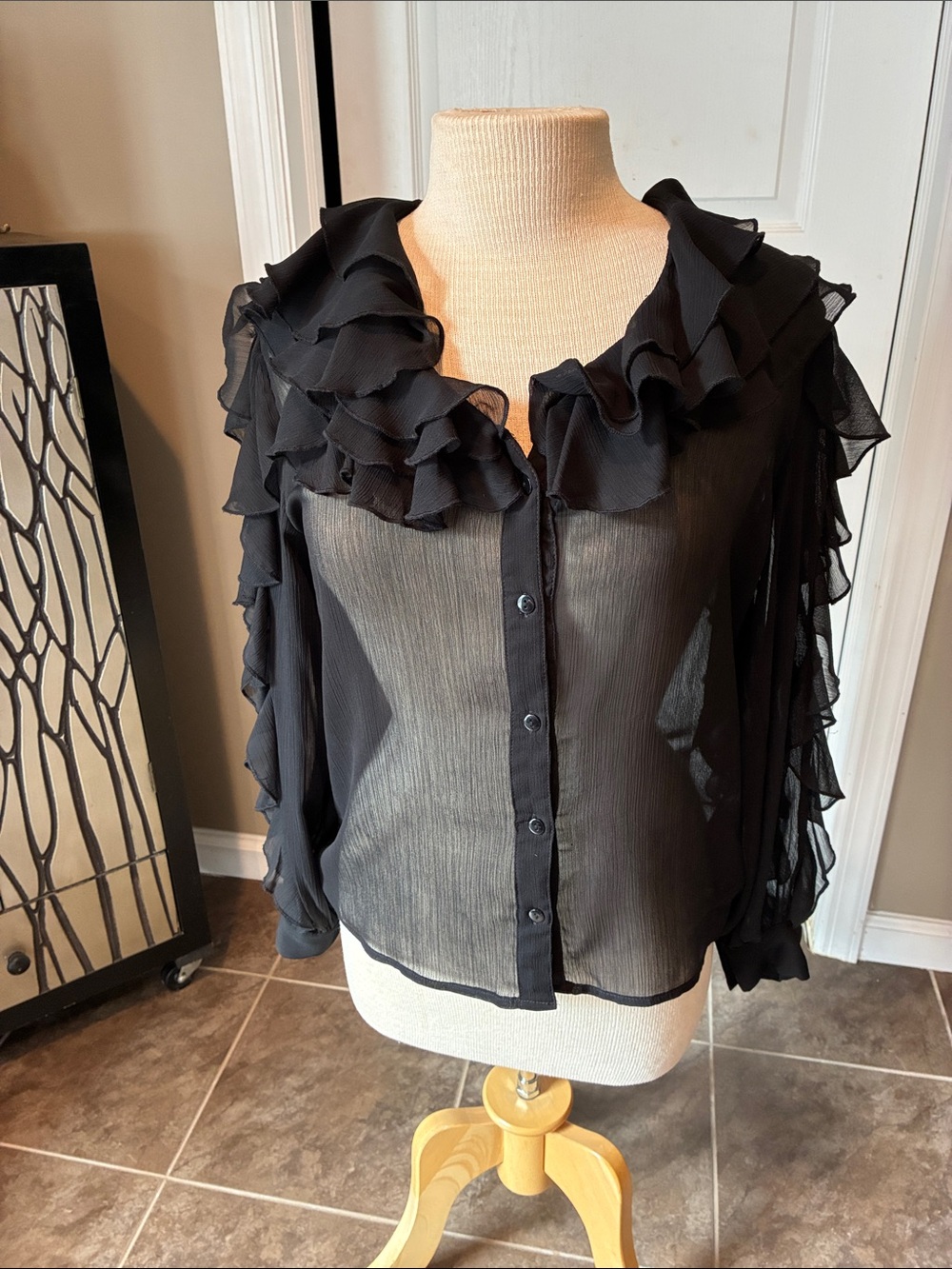 Topshop Black Sheer Ruffle Button-Down Blouse